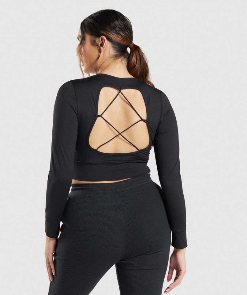 Przycięte Topy Gymshark Pause Open Back Long Sleeve Damskie Czarne | PL 947IFD